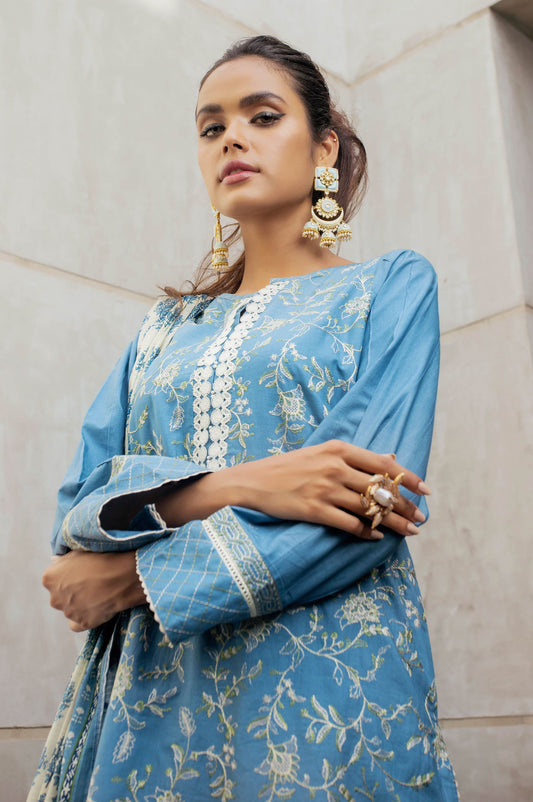 Unstitched 3 Piece Embroidered Textured Slub Lawn Suit with Voile Slub Dupatta