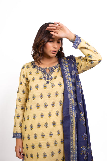 Stitched 3 Piece Embroidered Khaddar Suit