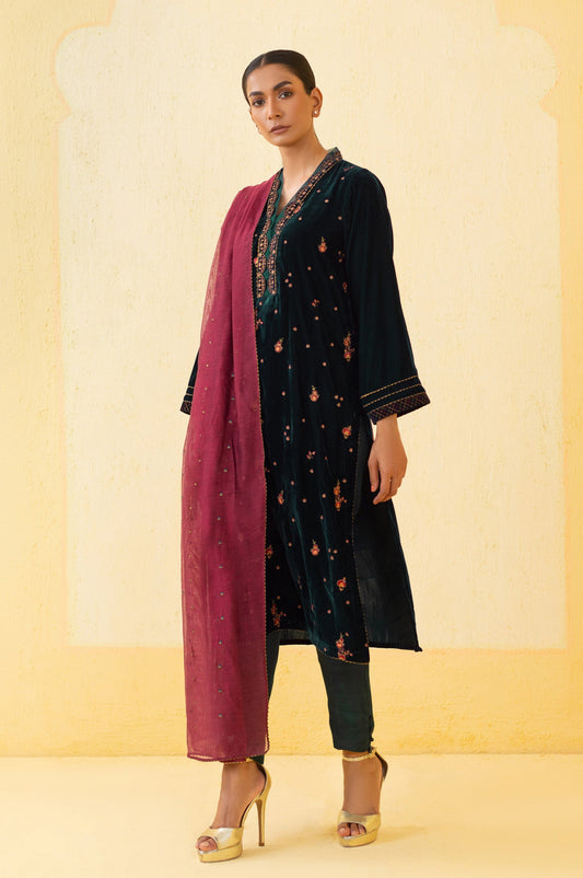Stitched 3 Piece Embroidered Velvet Suit - Teal Green