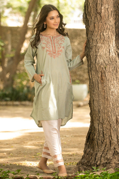 Stitched 1 Piece Embroidered Shirt - Green Moss