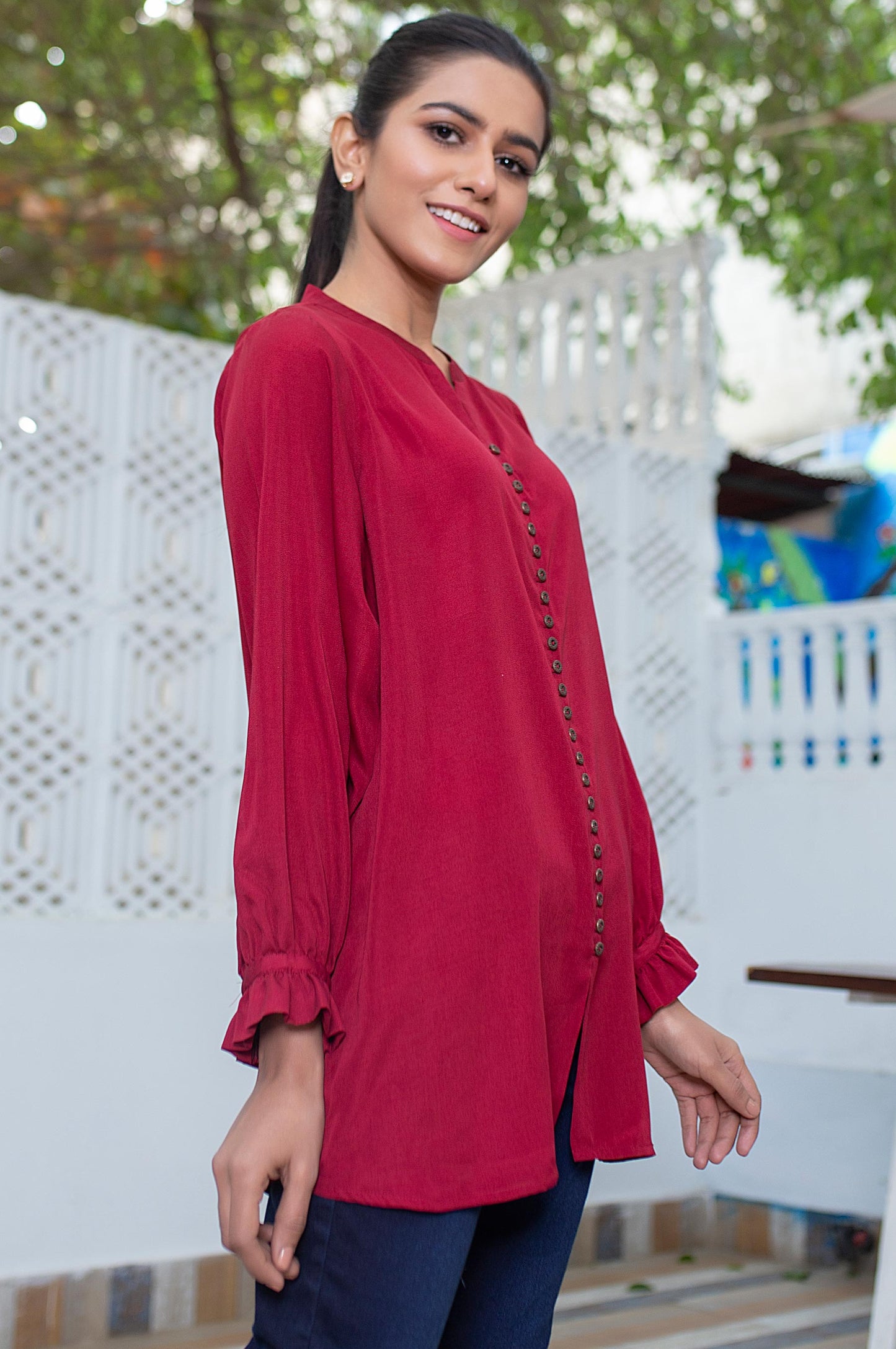 Stitched 1 Piece Embellished Crepe Shirt