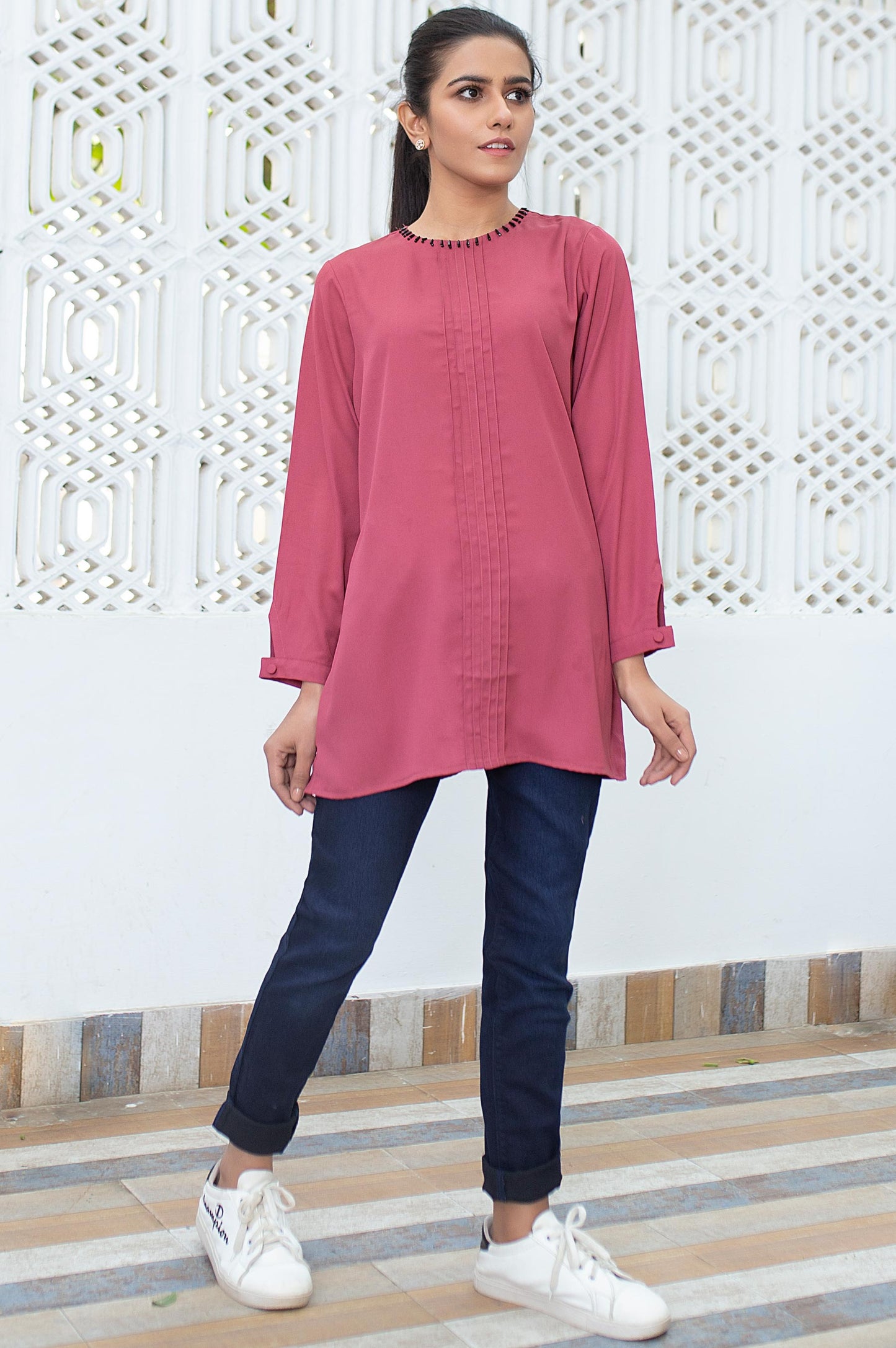 Stitched 1 Piece Embellished Crepe Shirt