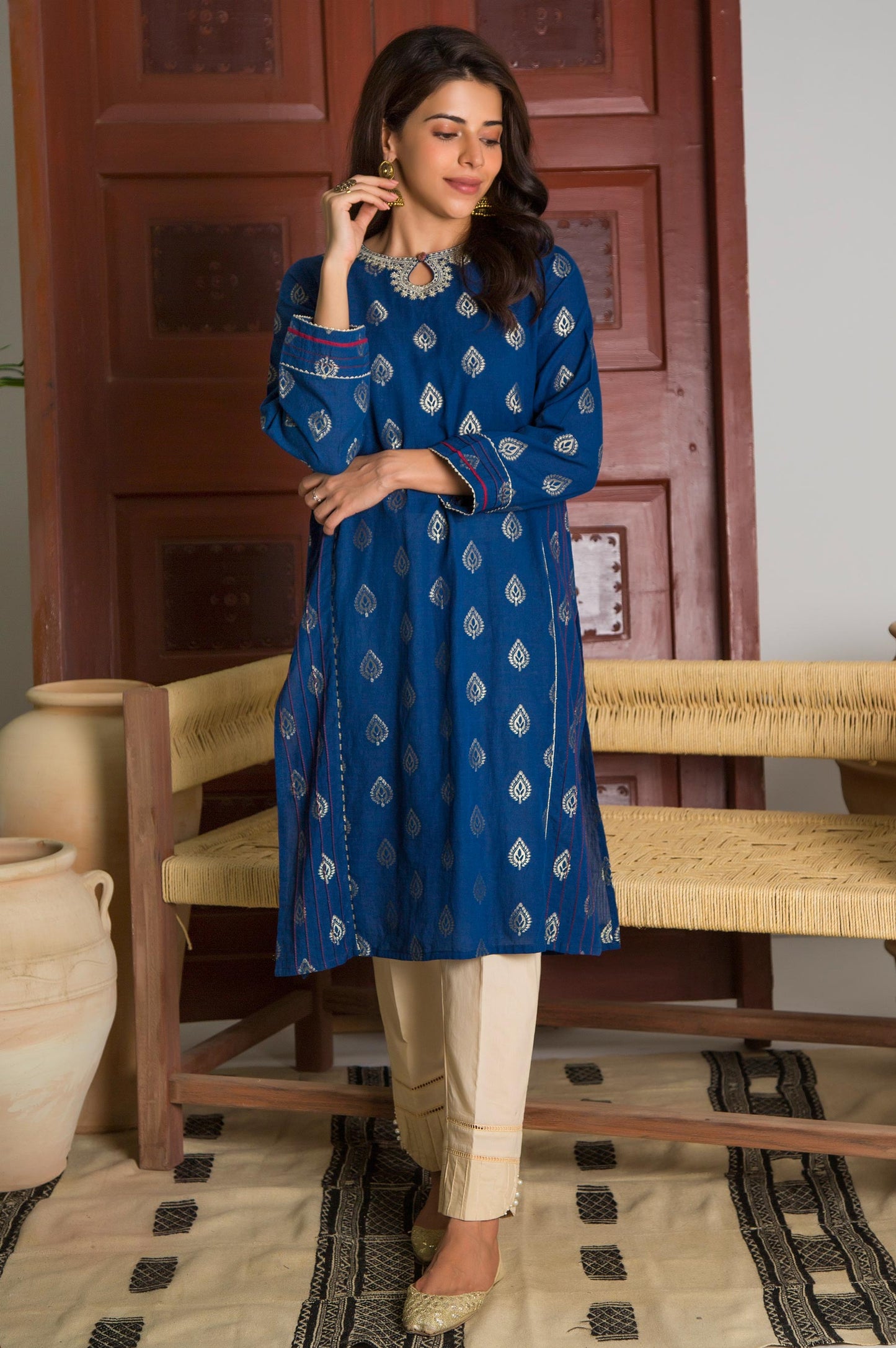 Stitched 1 Piece Satin jacquard Embroidered Shirt