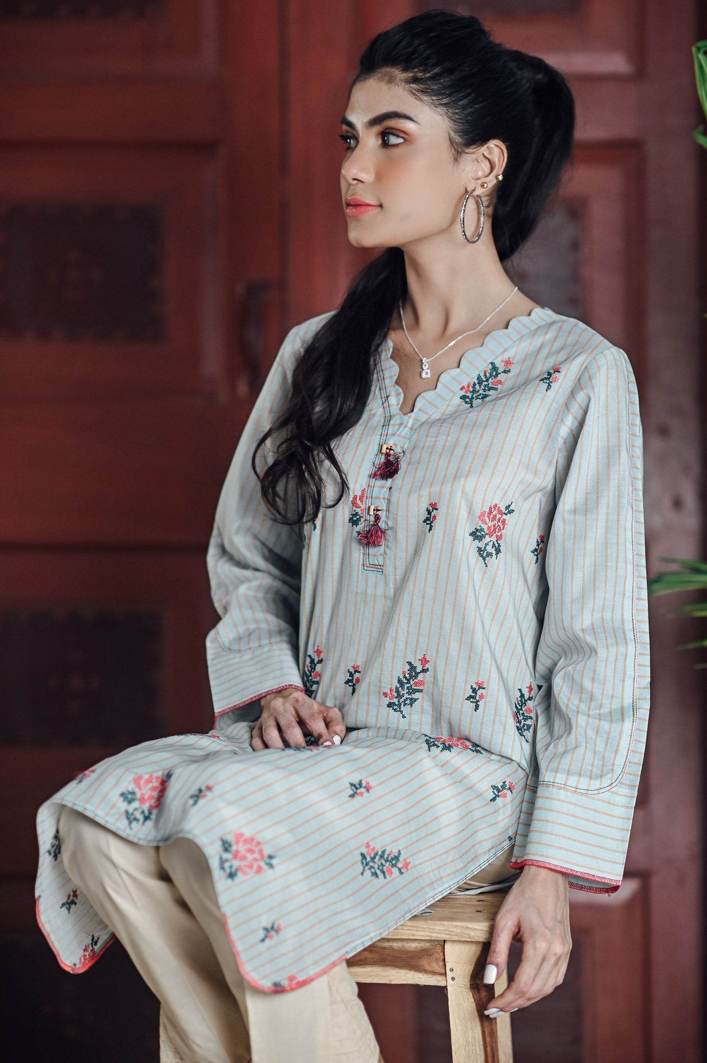 Stitched 1 Piece Yarn Dyed Stripes Shirt