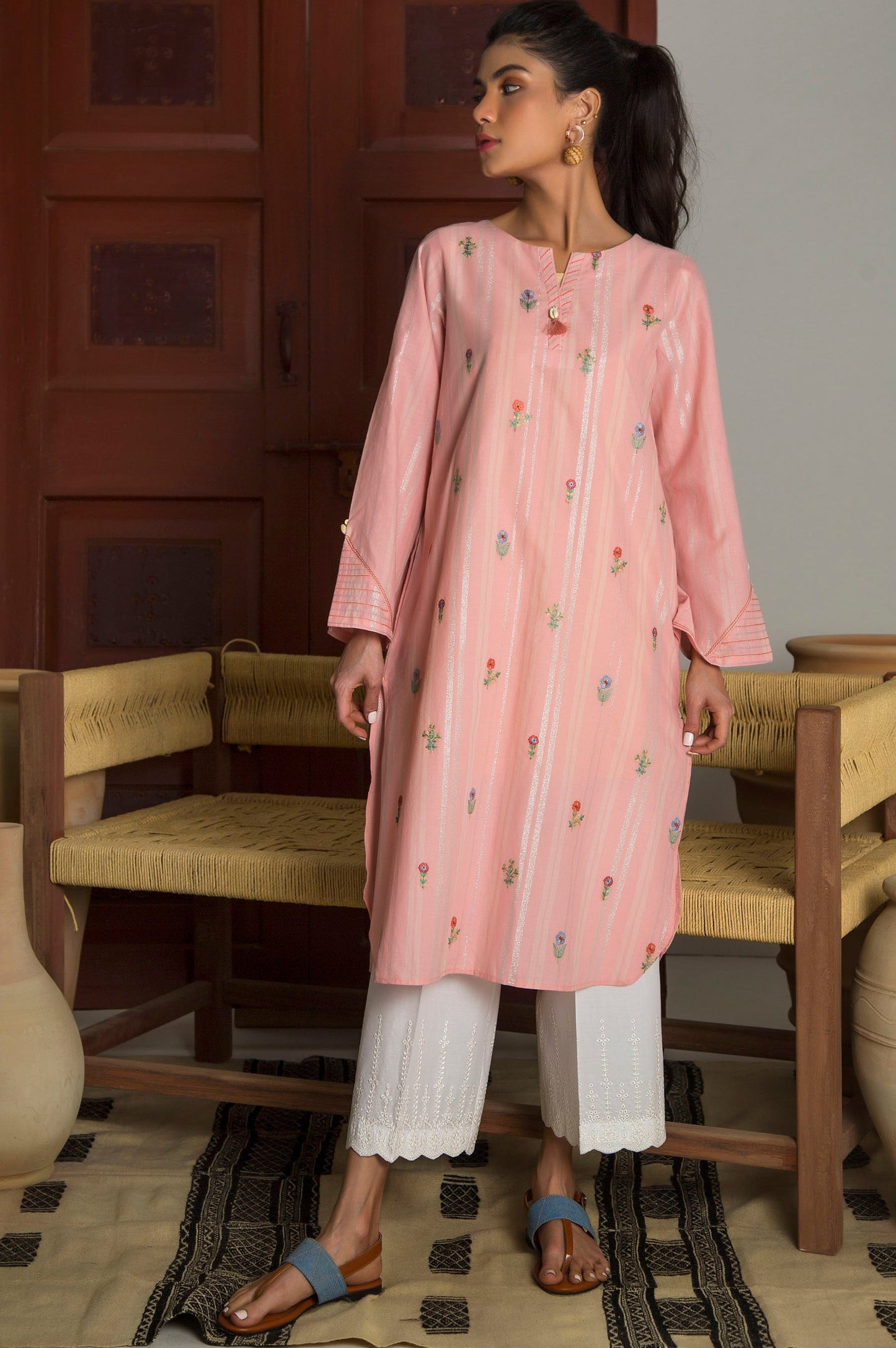 Stitched 1 Piece Yarn Dyed Stripes Embroidered Top