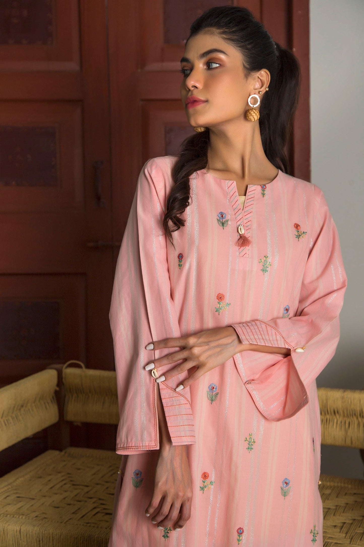 Stitched 1 Piece Yarn Dyed Stripes Embroidered Top