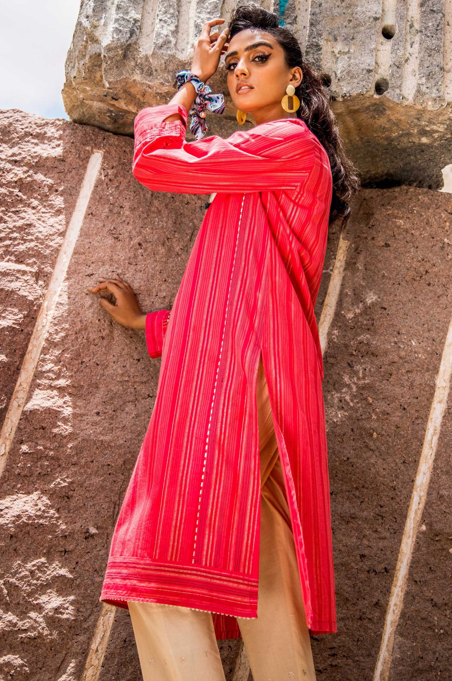 Stitched 1 Piece Embroidered Yarn Dyed Stripes Shirt