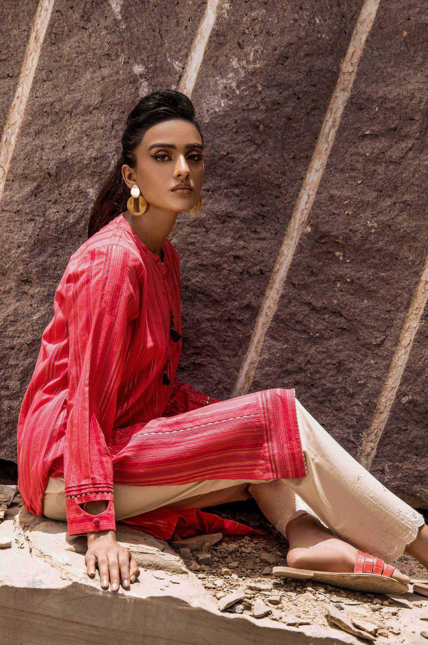 Stitched 1 Piece Embroidered Yarn Dyed Stripes Shirt