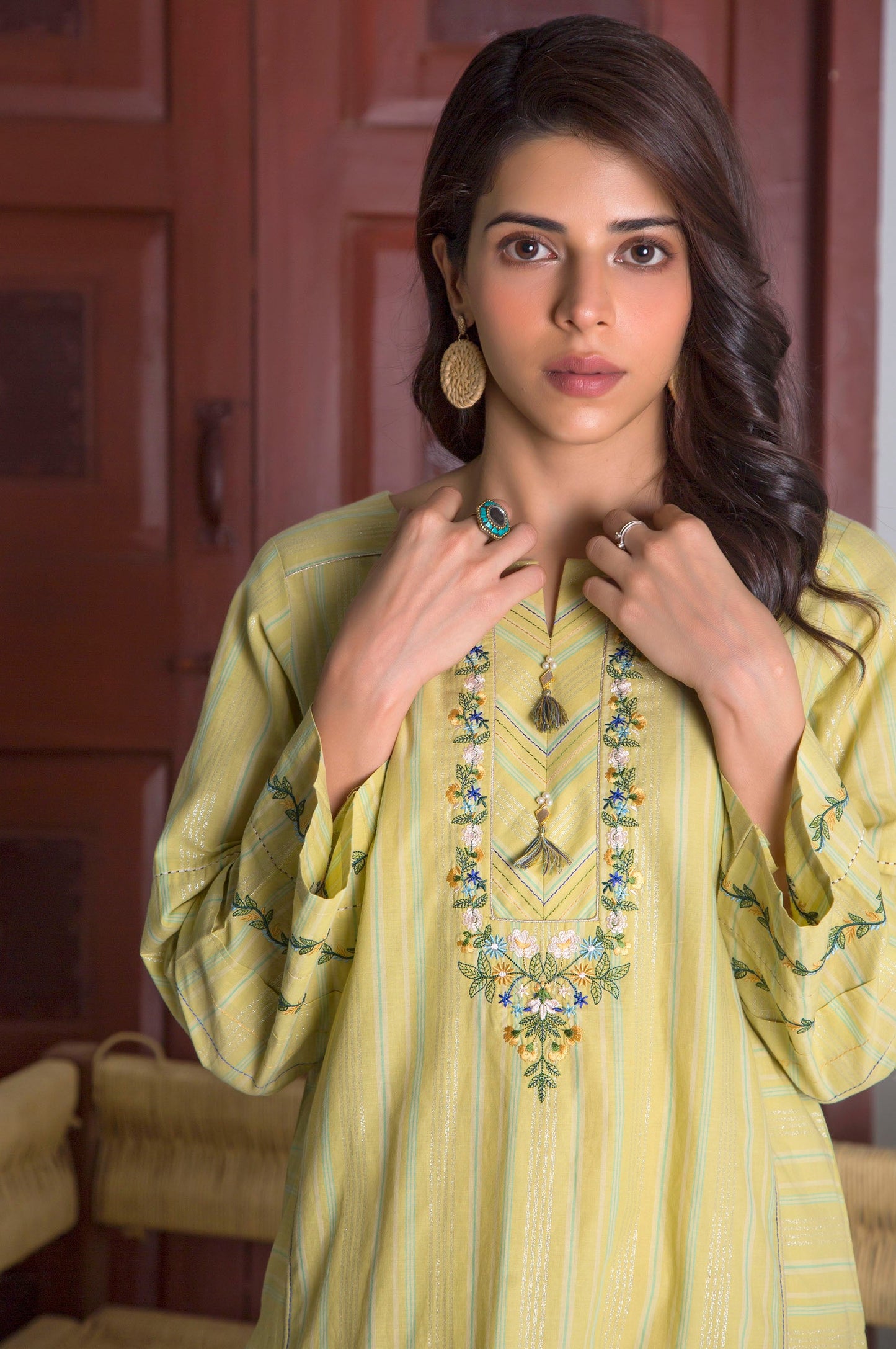 Stitched 1 Piece Yarn Dyed Stripes Embroidered Top