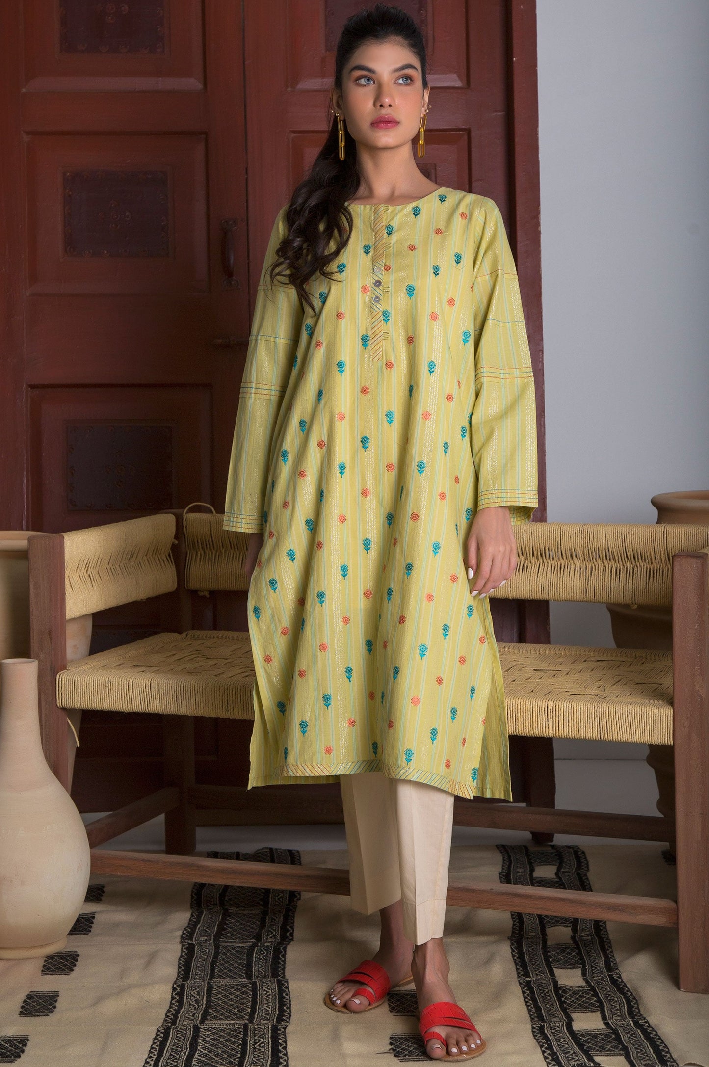 Stitched 1 Piece Embroidered Yarn Dyed Stripes Shirt