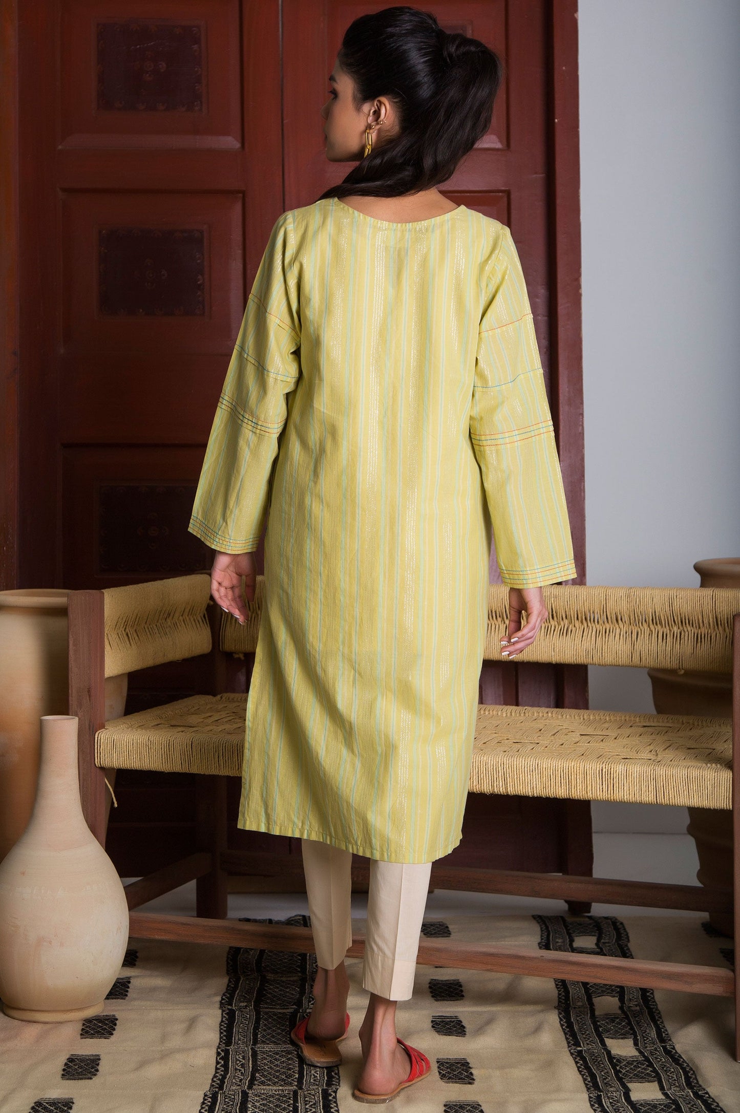 Stitched 1 Piece Embroidered Yarn Dyed Stripes Shirt