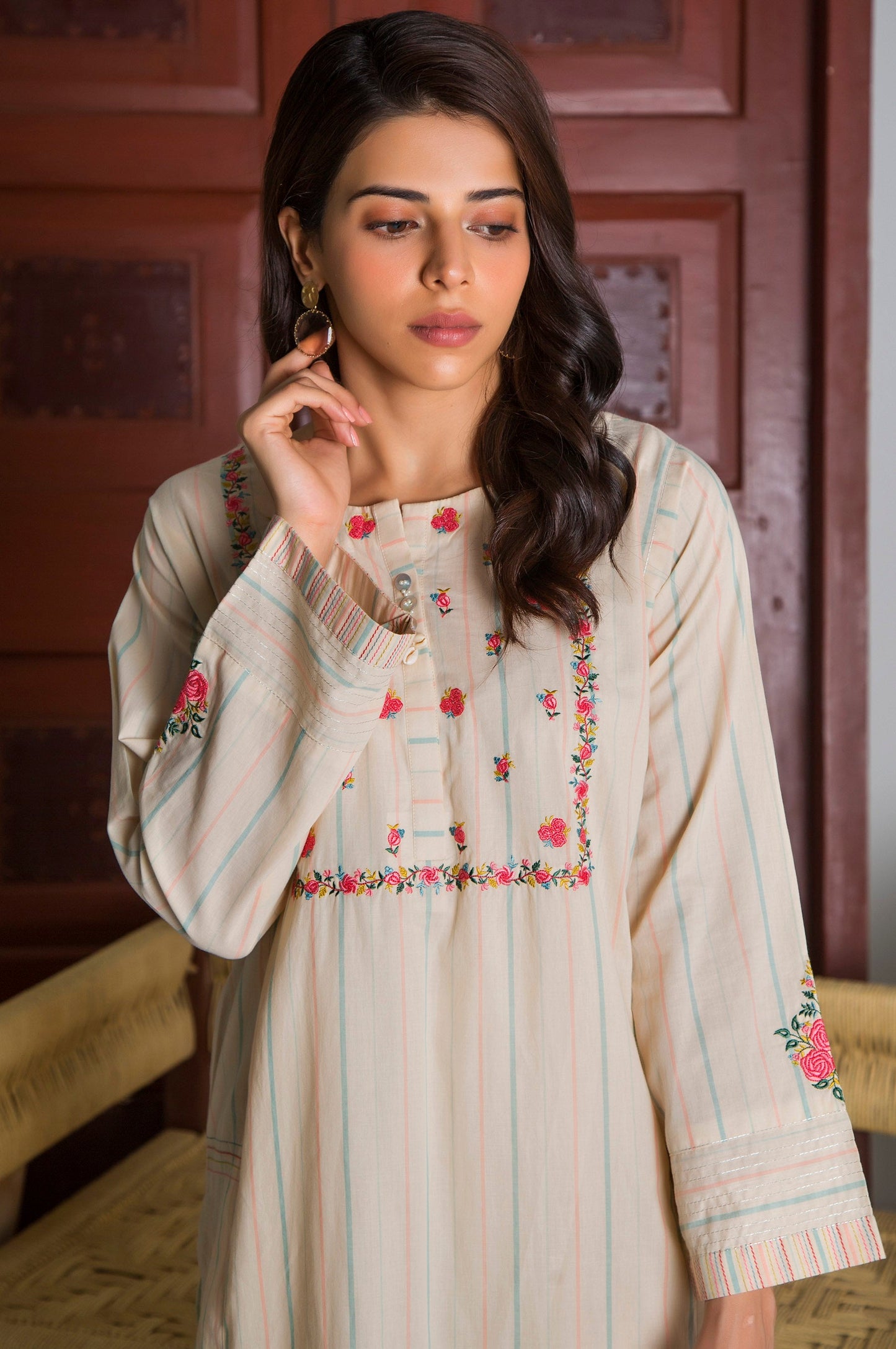 Stitched 1 Piece Yarn Dyed Stripes Embroidered Top