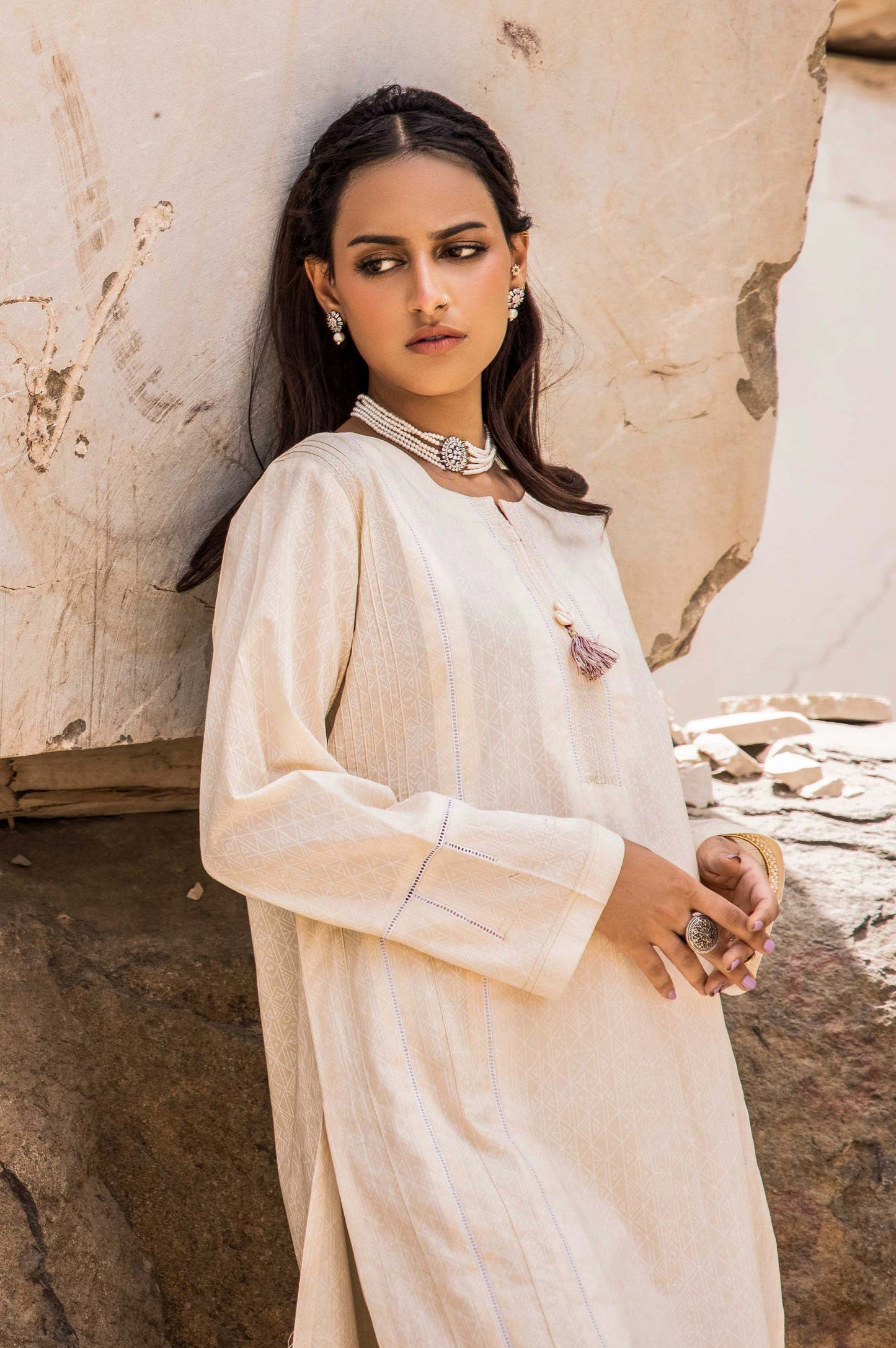 Stitched 1 Piece Printed White Paste Cambric Top