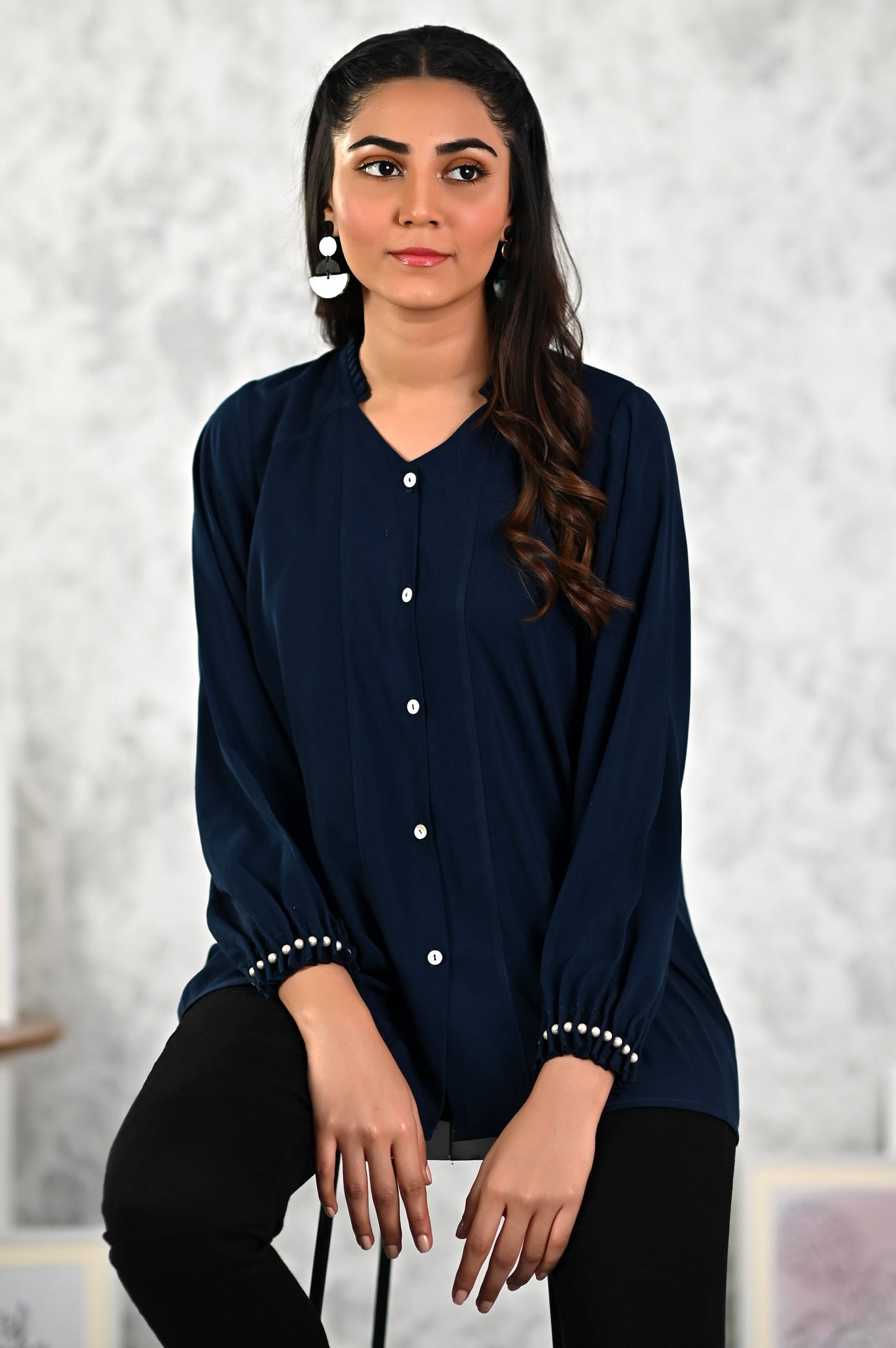 Stitched 1 Piece Embellished Crepe Shirt