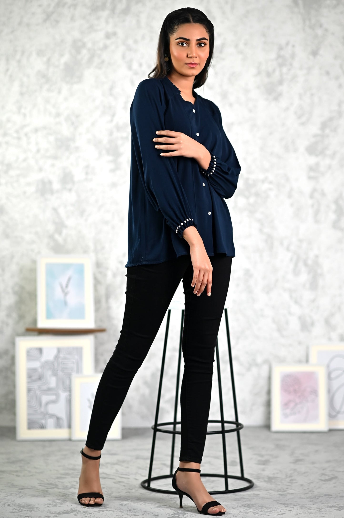 Stitched 1 Piece Embellished Crepe Shirt