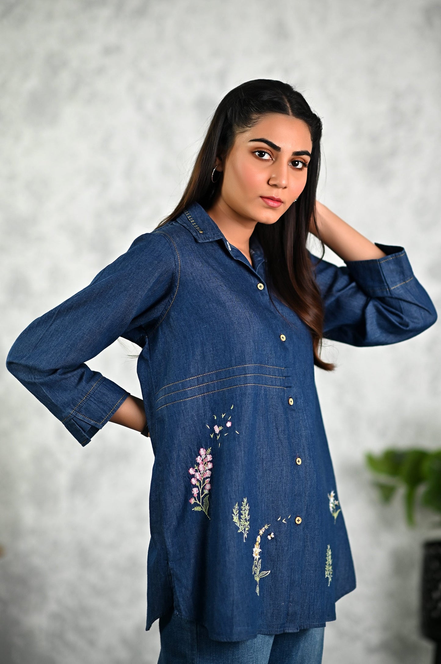 Stitched 1 Piece Embroidered Denim Top