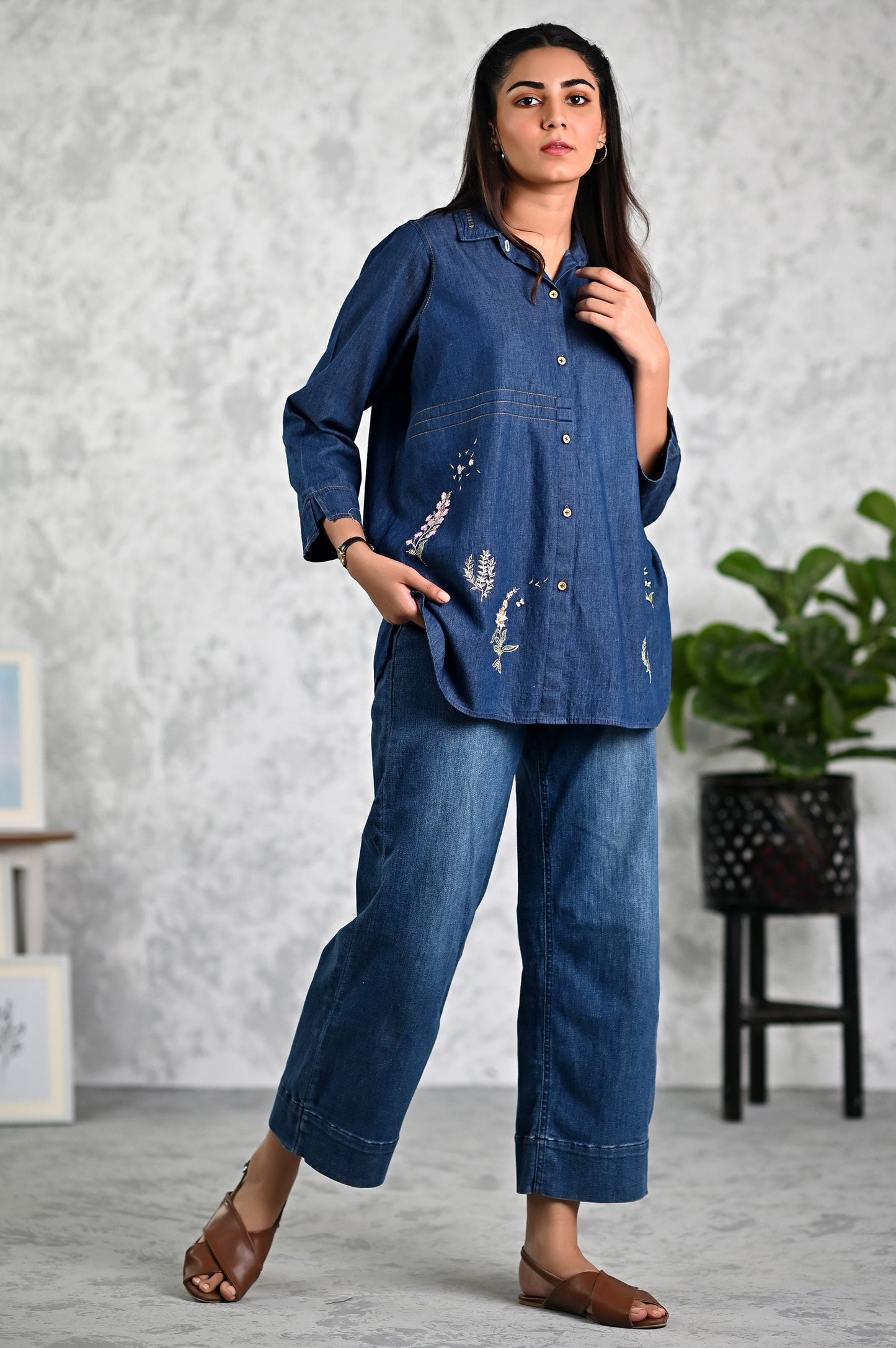 Stitched 1 Piece Embroidered Denim Top