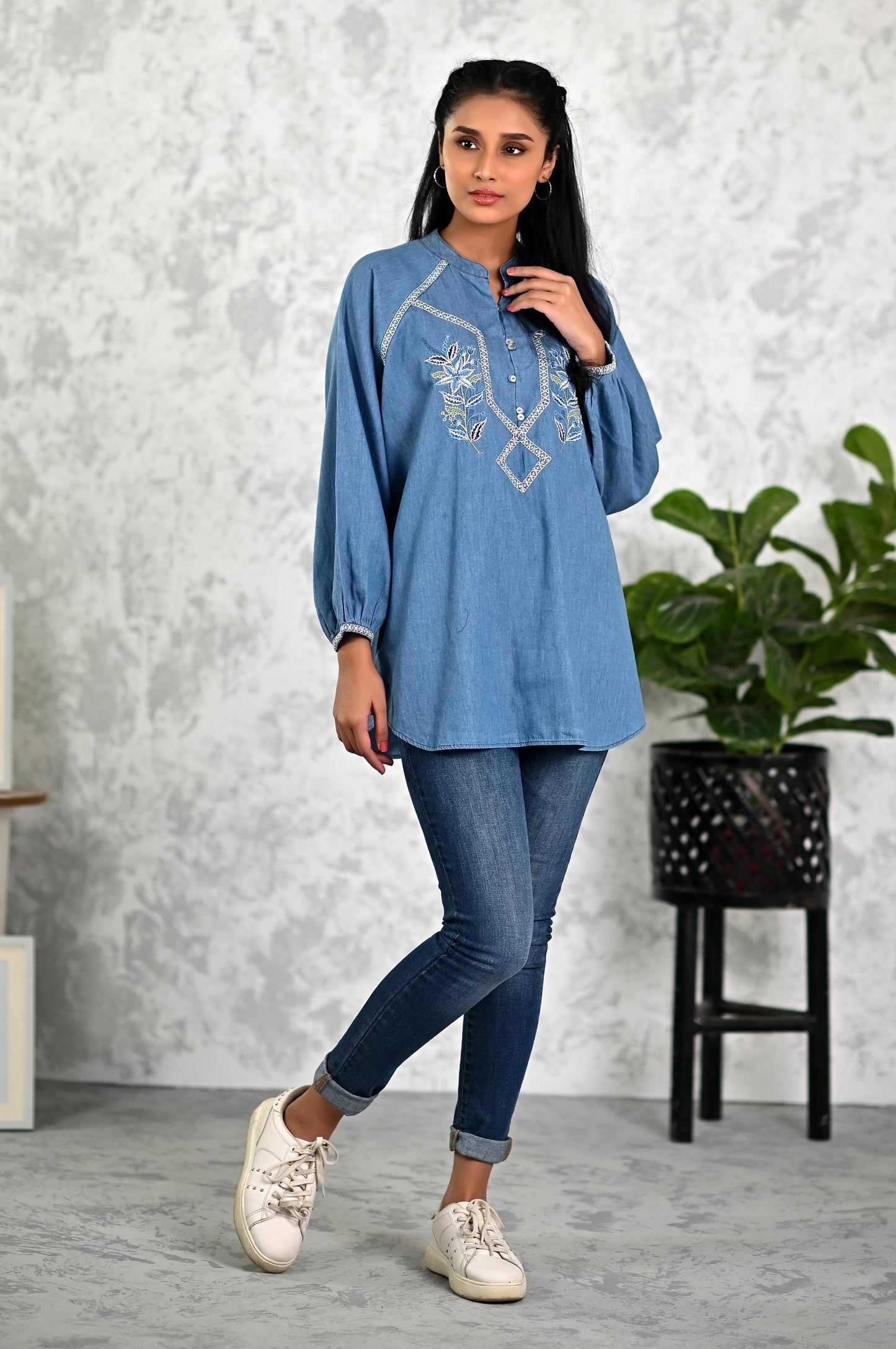 Stitched 1 Piece Embroidered Denim Top