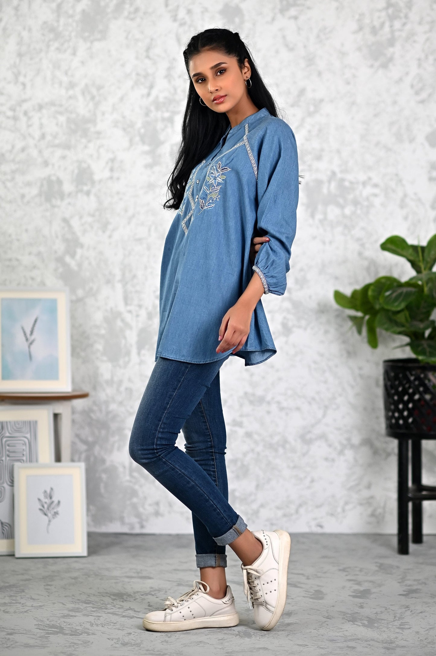 Stitched 1 Piece Embroidered Denim Top