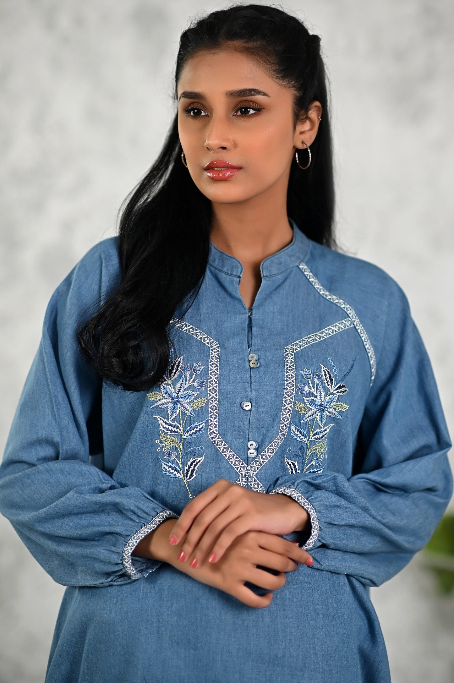 Stitched 1 Piece Embroidered Denim Top