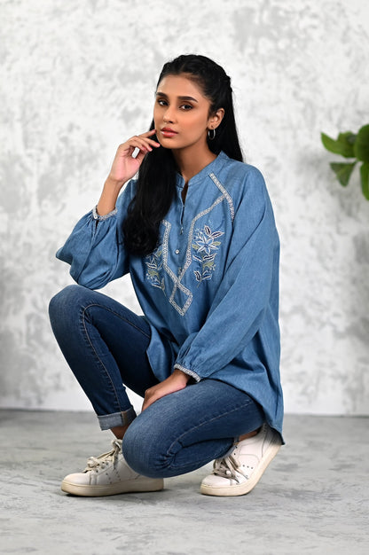 Stitched 1 Piece Embroidered Denim Top