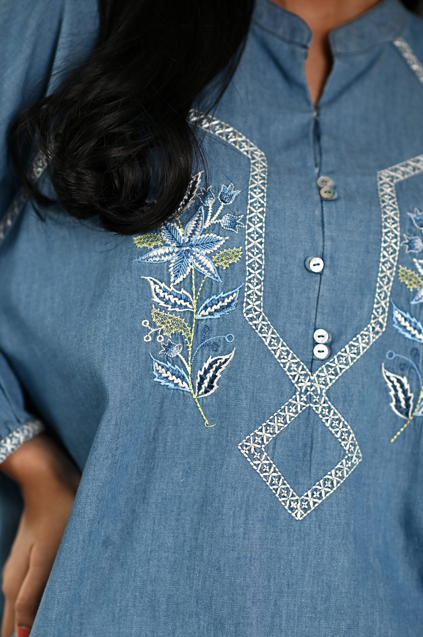 Stitched 1 Piece Embroidered Denim Top