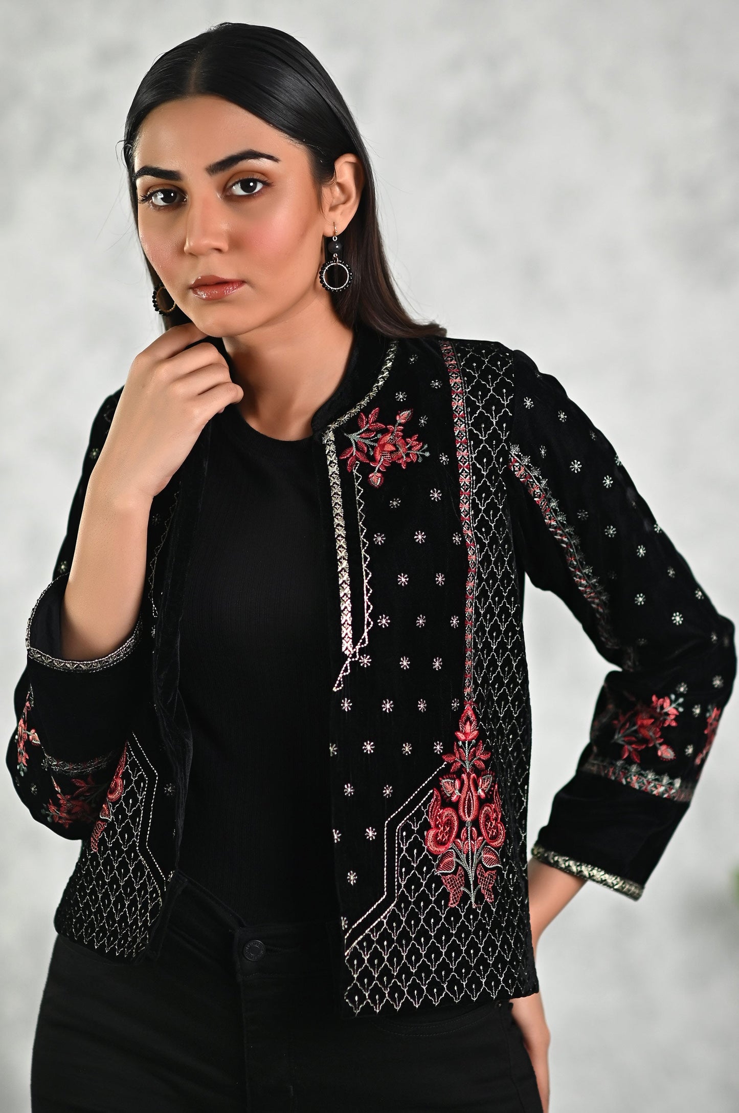 Stitched 1 Piece Embroidered Short Velvet Jacket