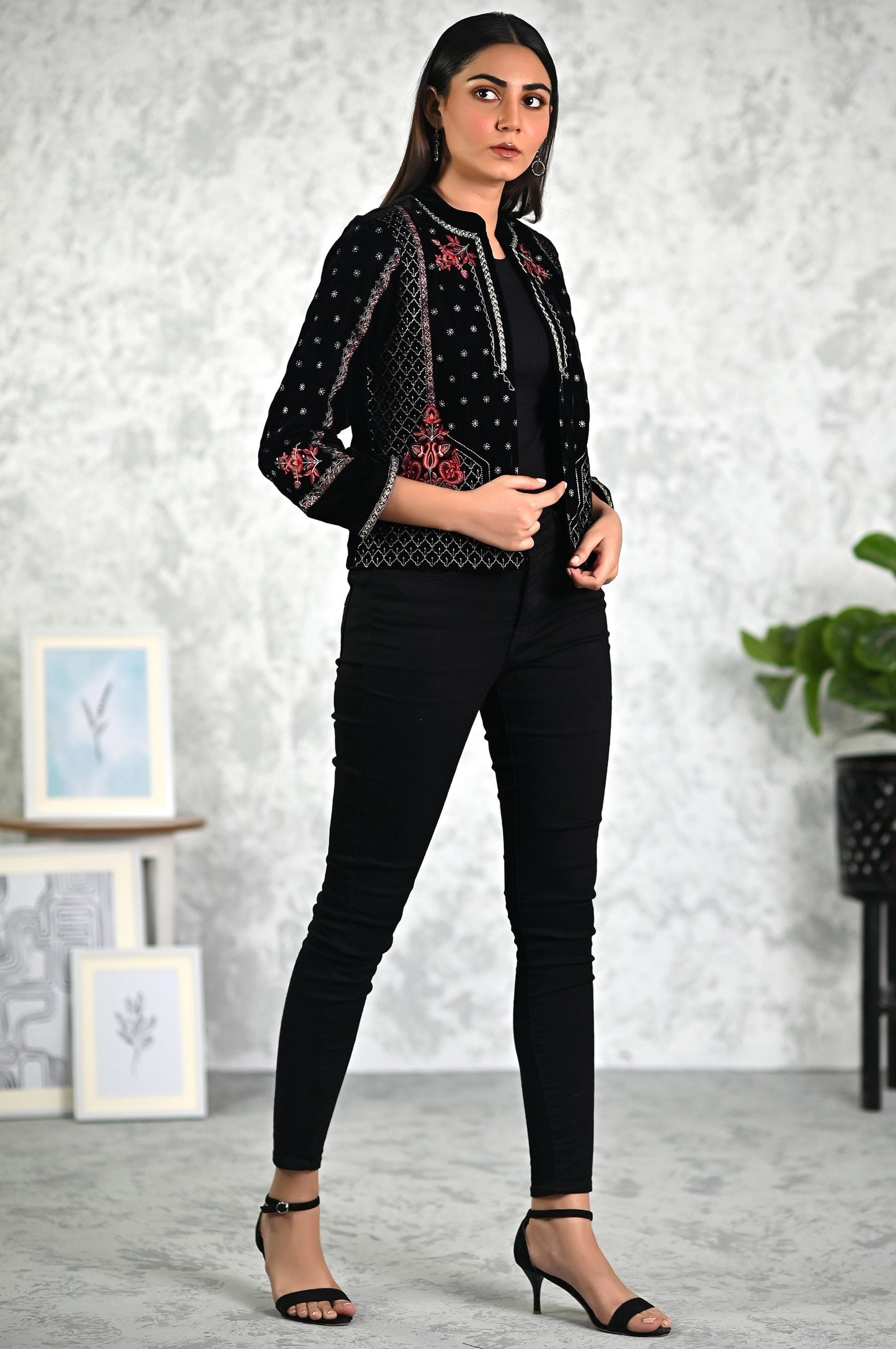 Stitched 1 Piece Embroidered Short Velvet Jacket