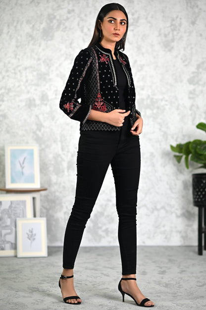 Stitched 1 Piece Embroidered Short Velvet Jacket