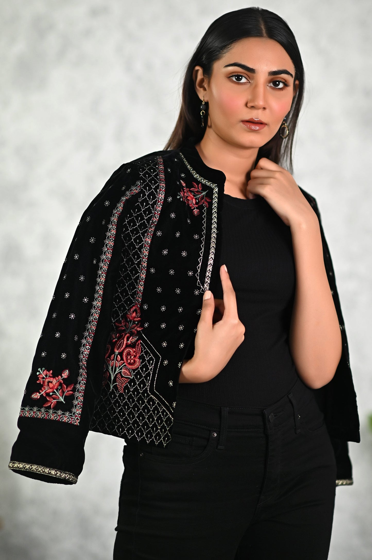 Stitched 1 Piece Embroidered Short Velvet Jacket