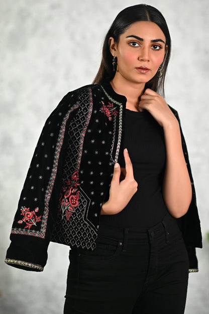 Stitched 1 Piece Embroidered Short Velvet Jacket