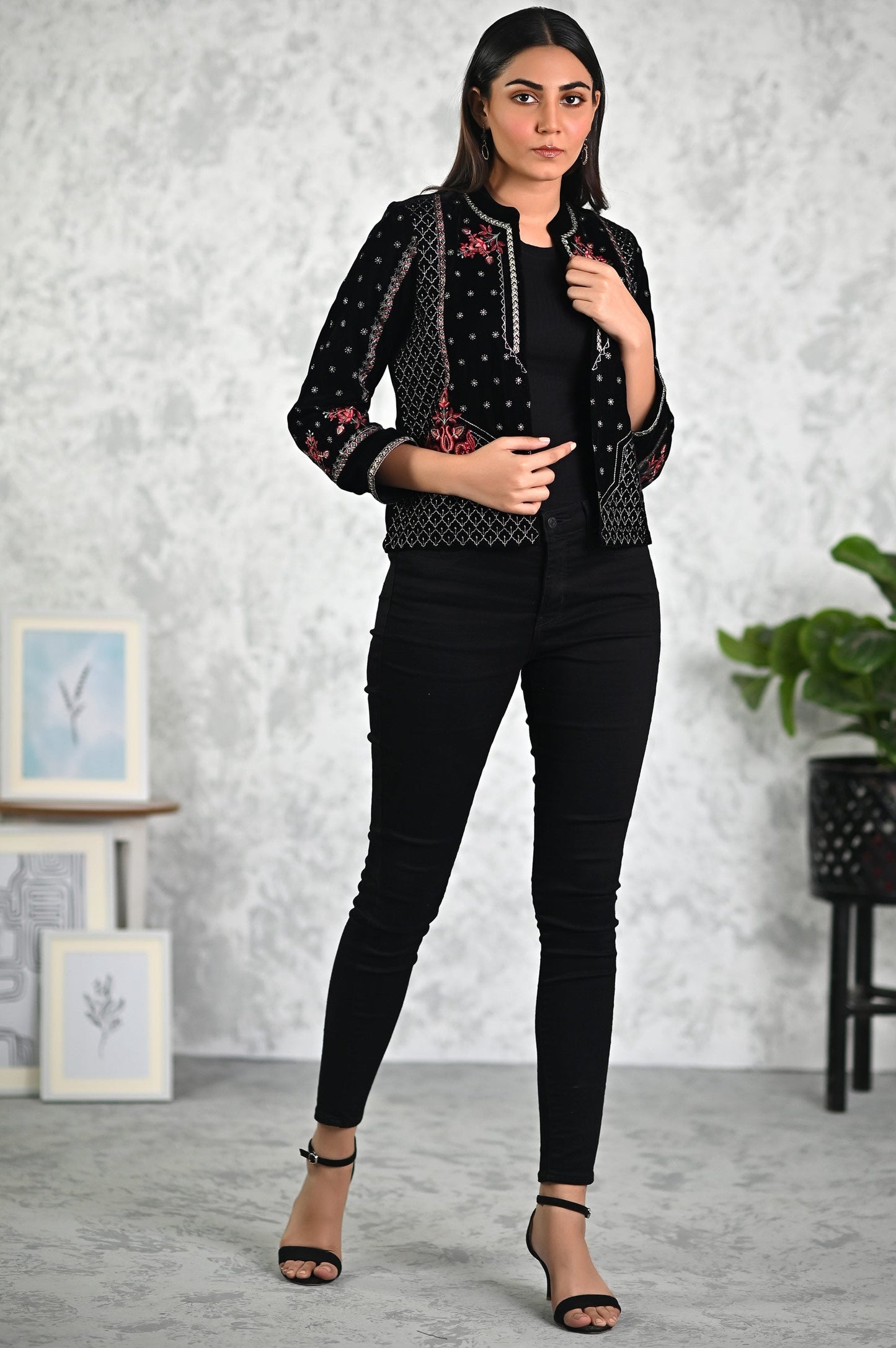 Stitched 1 Piece Embroidered Short Velvet Jacket