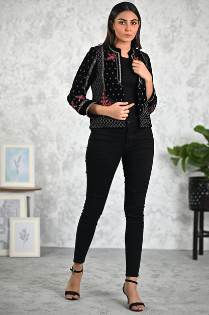 Stitched 1 Piece Embroidered Short Velvet Jacket