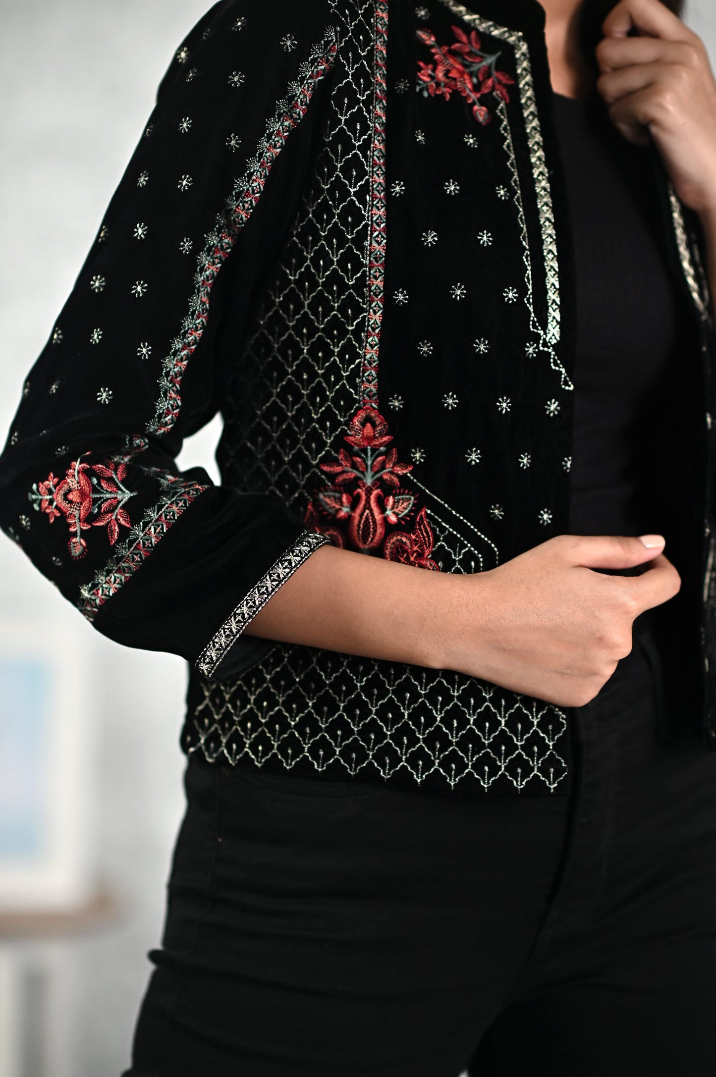 Stitched 1 Piece Embroidered Short Velvet Jacket