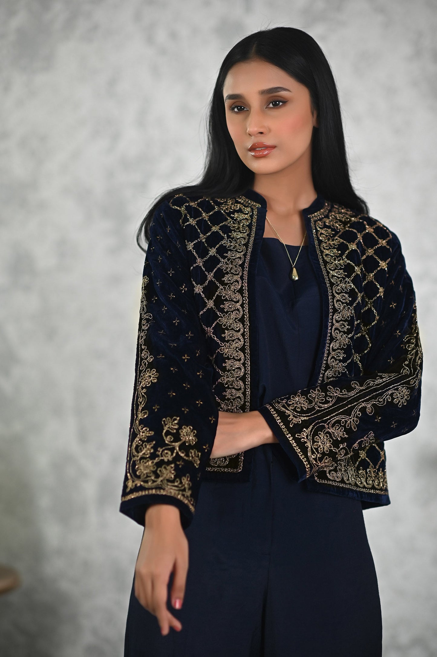 Stitched 1 Piece Embroidered Short Velvet Jacket