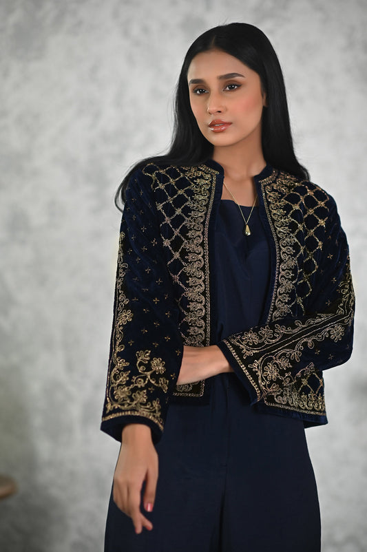 Stitched 1 Piece Embroidered Short Velvet Jacket