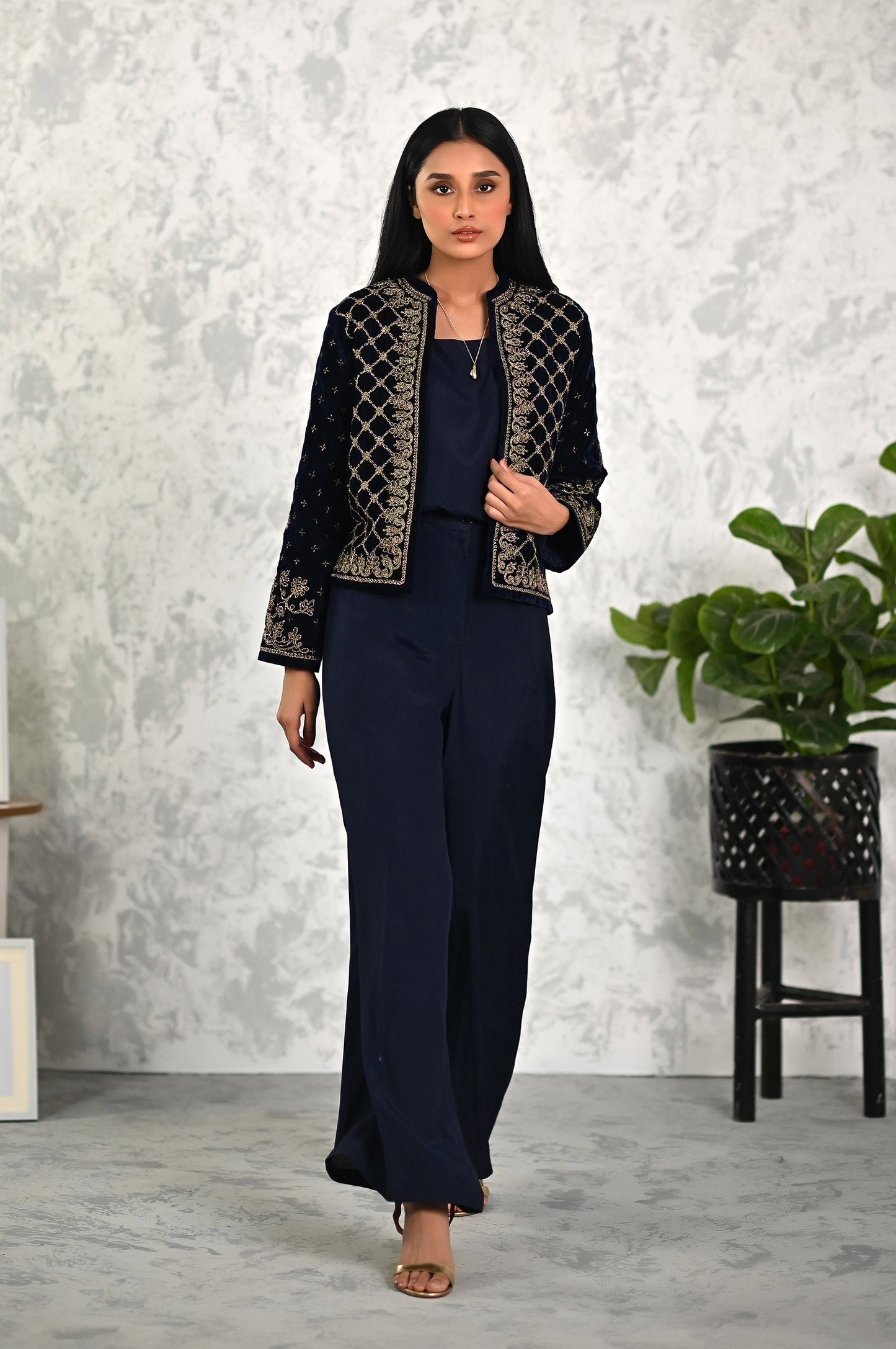 Stitched 1 Piece Embroidered Short Velvet Jacket