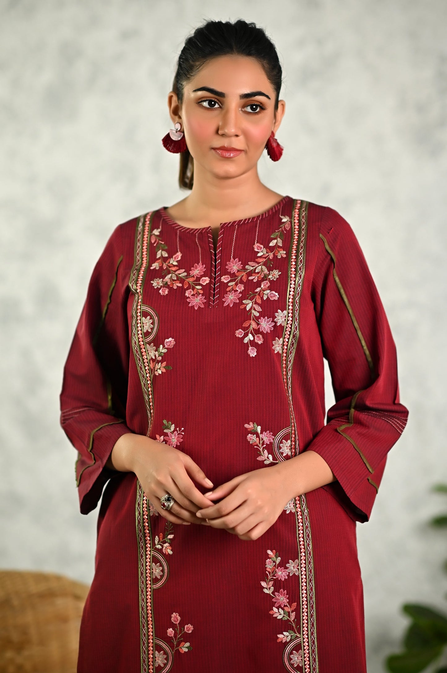 Stitched 1 Piece Embroidered Yarn Dyed Textured Shirt