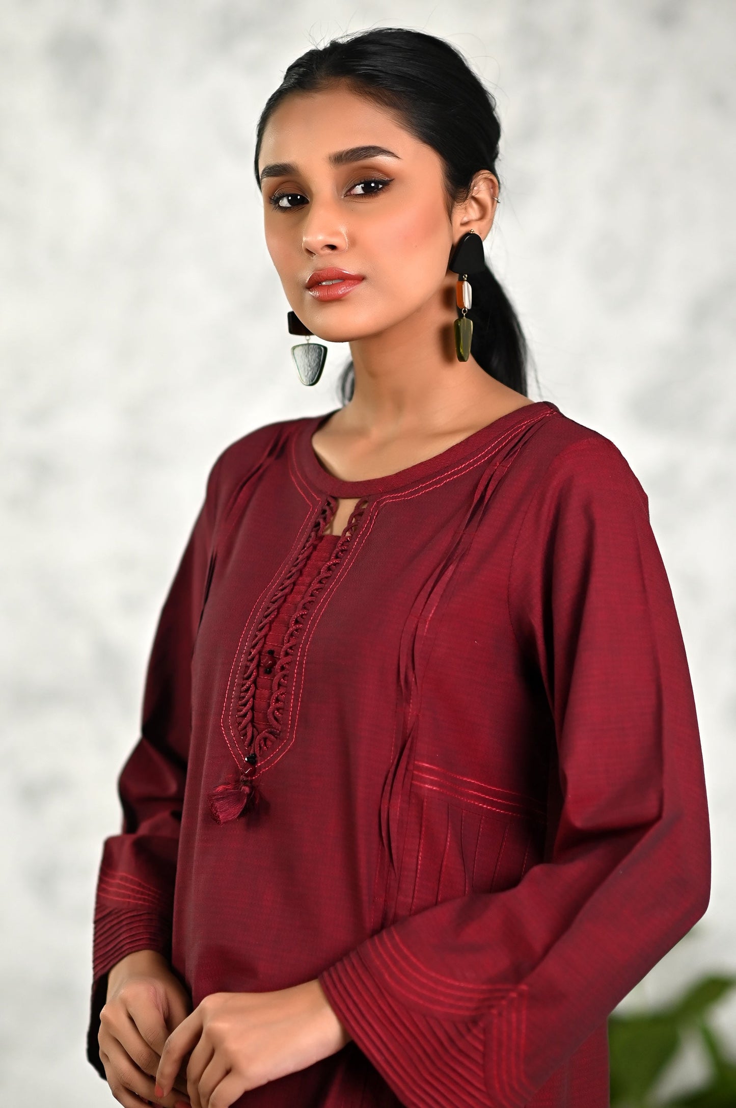 Stitched 1 Piece Embellished Yarn Dyed Textured Shirt