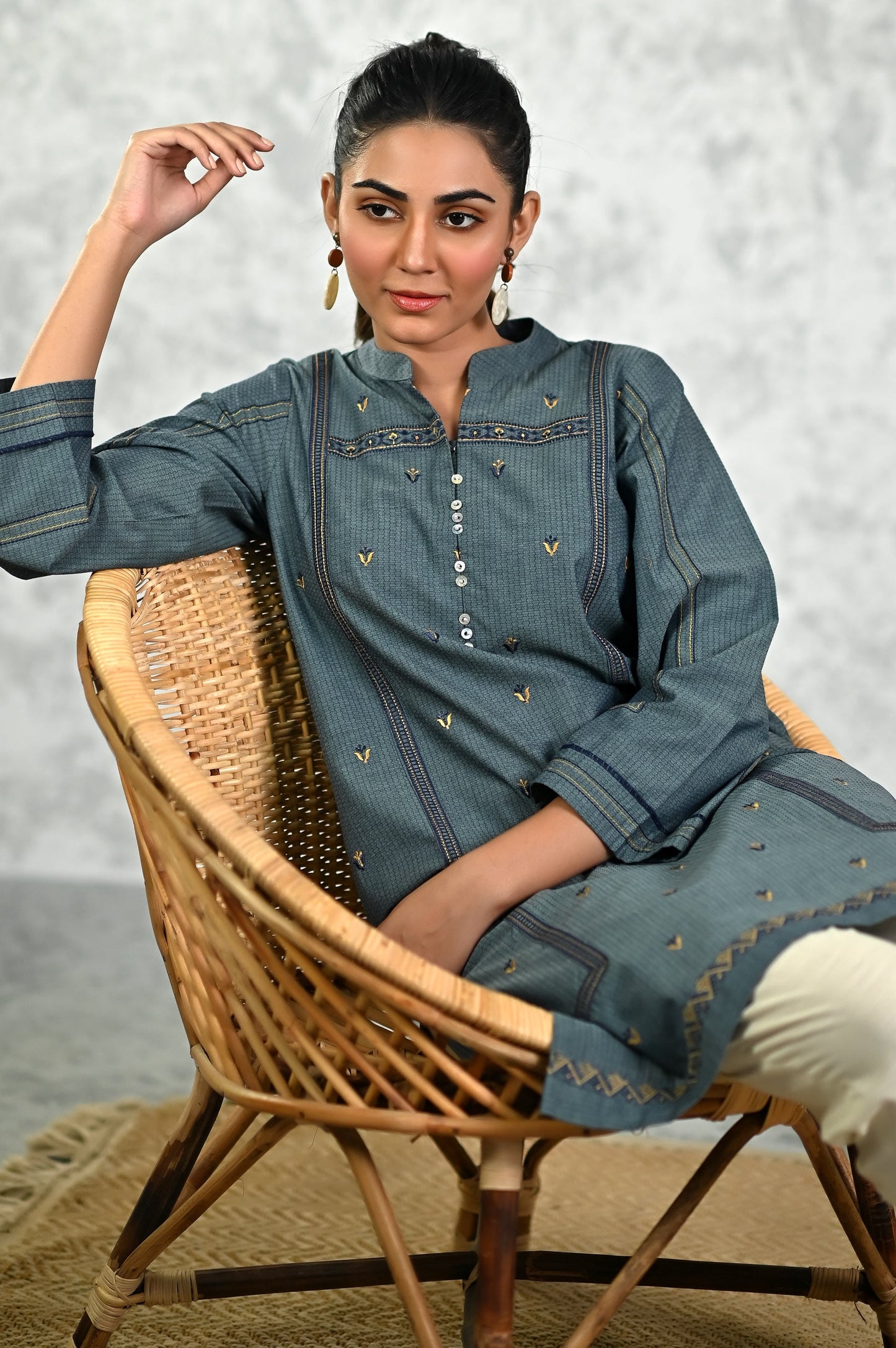 Stitched 1 Piece Embroidered Yarn Dyed Textured Shirt