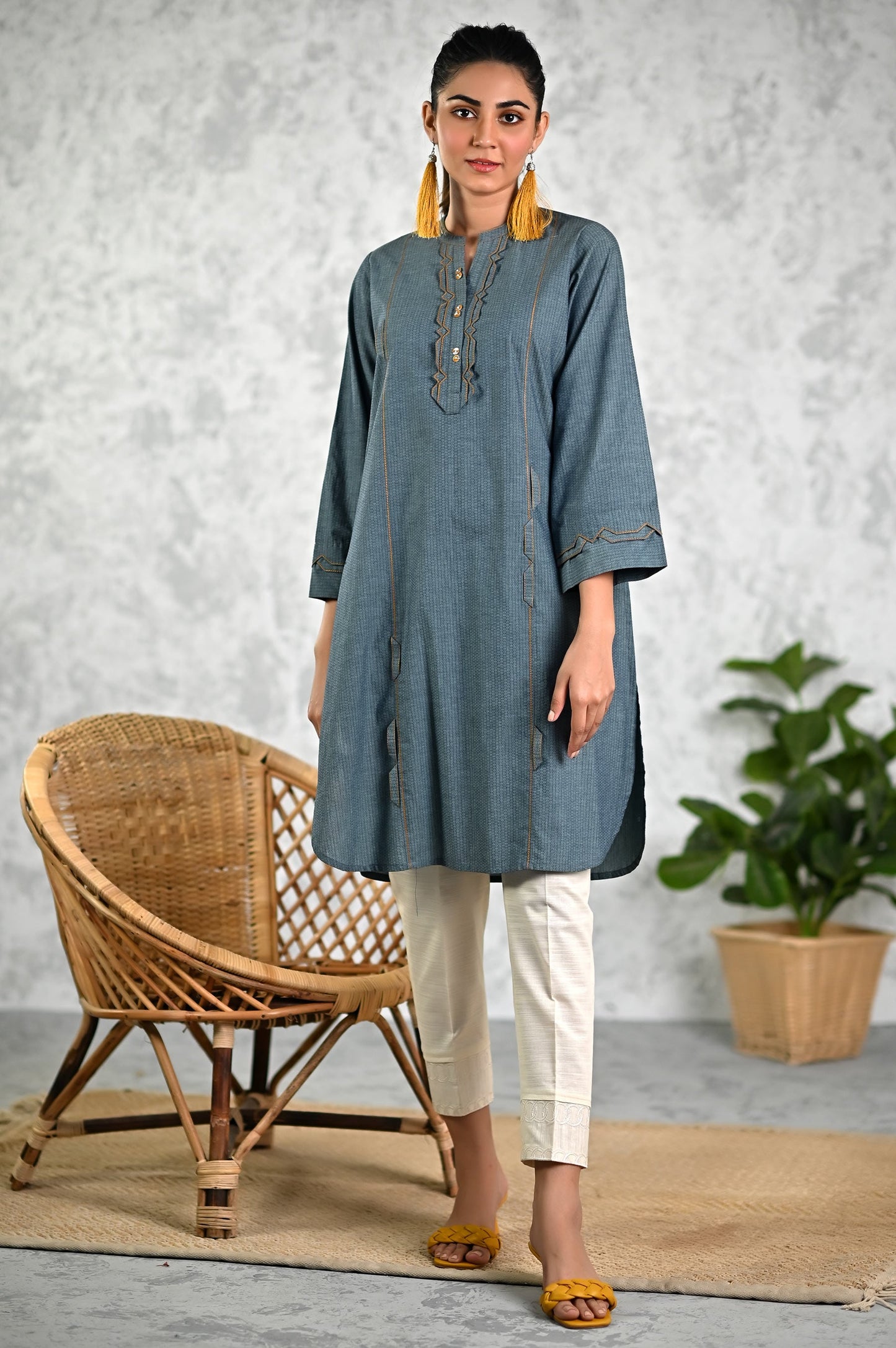 Stitched 1 Piece Embellished Yarn Dyed Textured Shirt