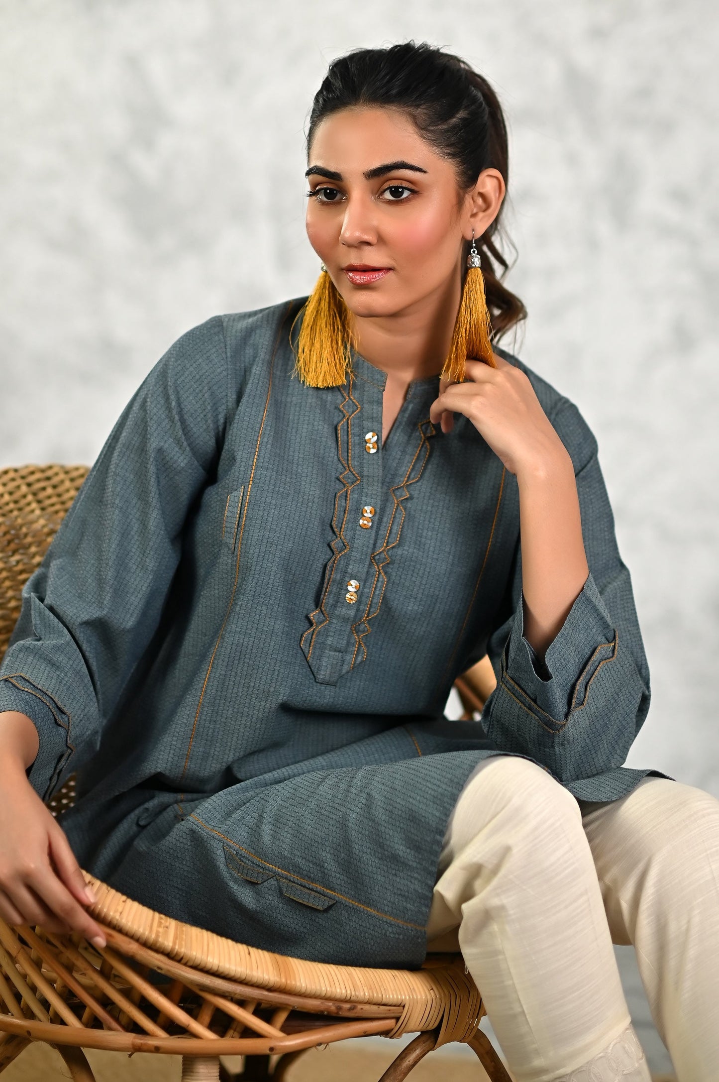 Stitched 1 Piece Embellished Yarn Dyed Textured Shirt