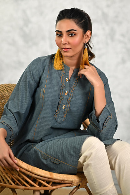 Stitched 1 Piece Embellished Yarn Dyed Textured Shirt