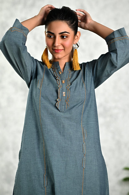 Stitched 1 Piece Embellished Yarn Dyed Textured Shirt