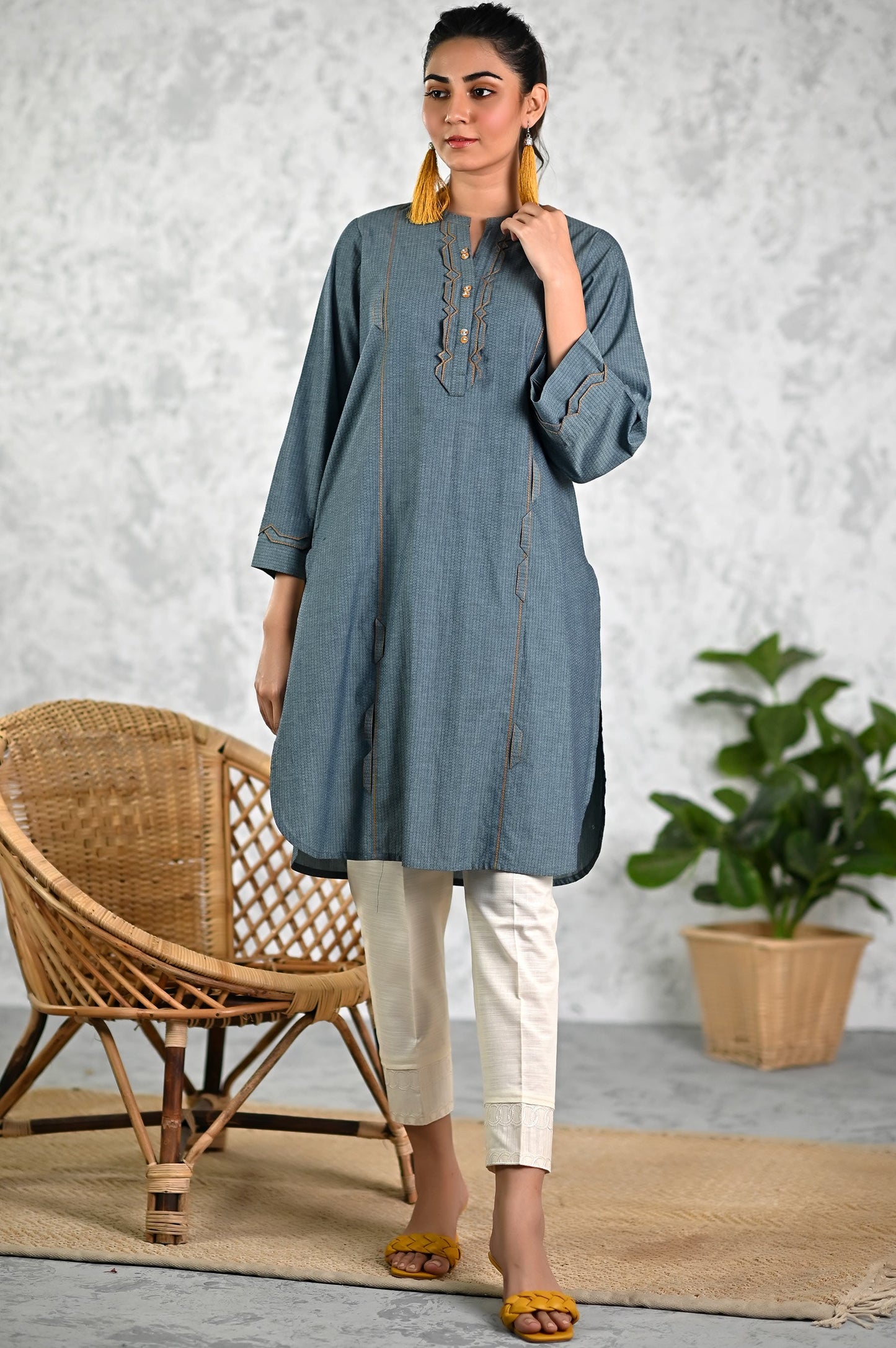 Stitched 1 Piece Embellished Yarn Dyed Textured Shirt