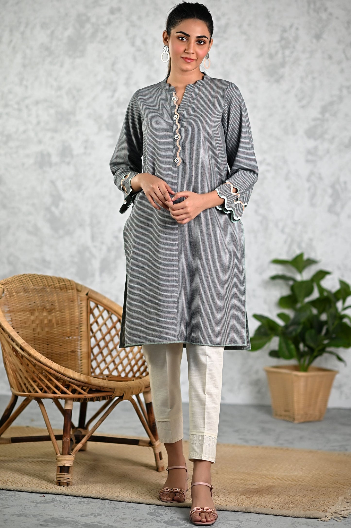 Stitched 1 Piece Embroidered Yarn Dyed Striped Shirt