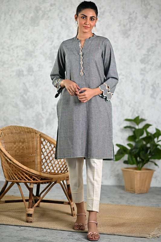 Stitched 1 Piece Embroidered Yarn Dyed Striped Shirt