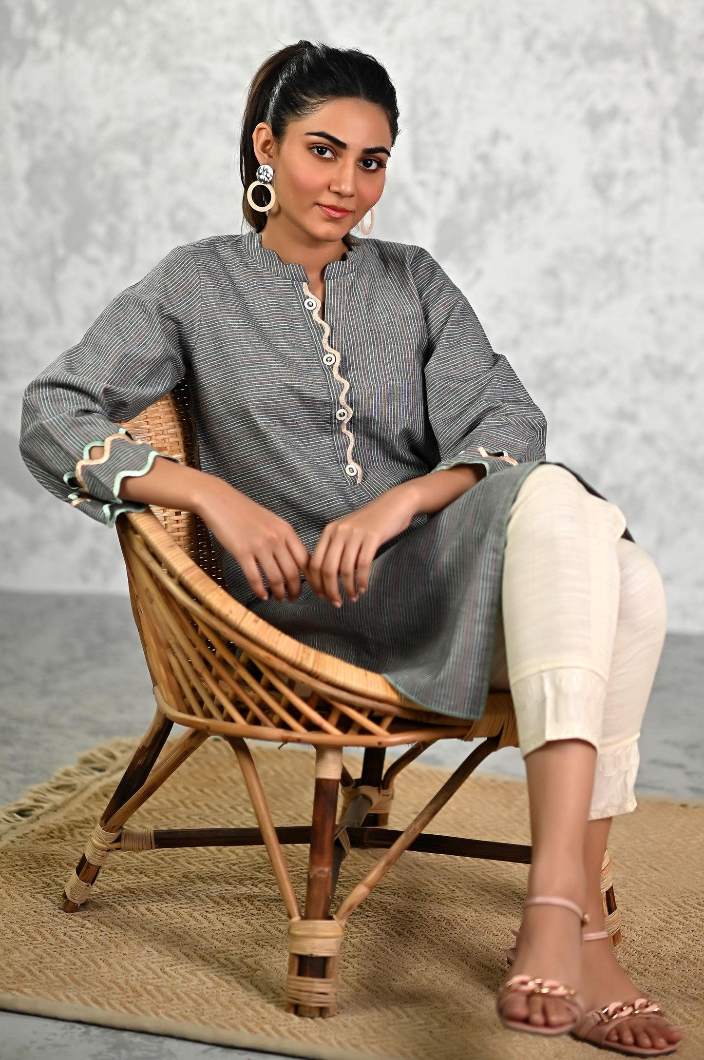 Stitched 1 Piece Embroidered Yarn Dyed Striped Shirt