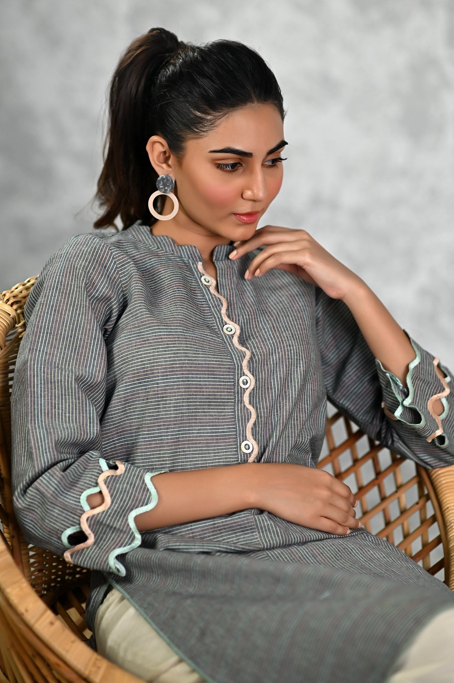 Stitched 1 Piece Embroidered Yarn Dyed Striped Shirt