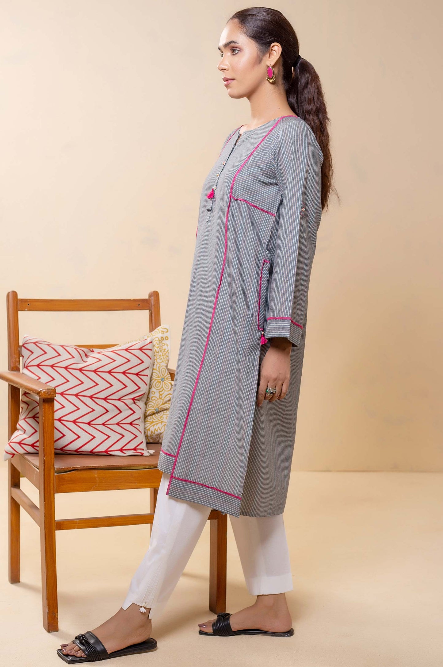 Stitched 1 Piece Embellished Yarn Dyed Striped Top